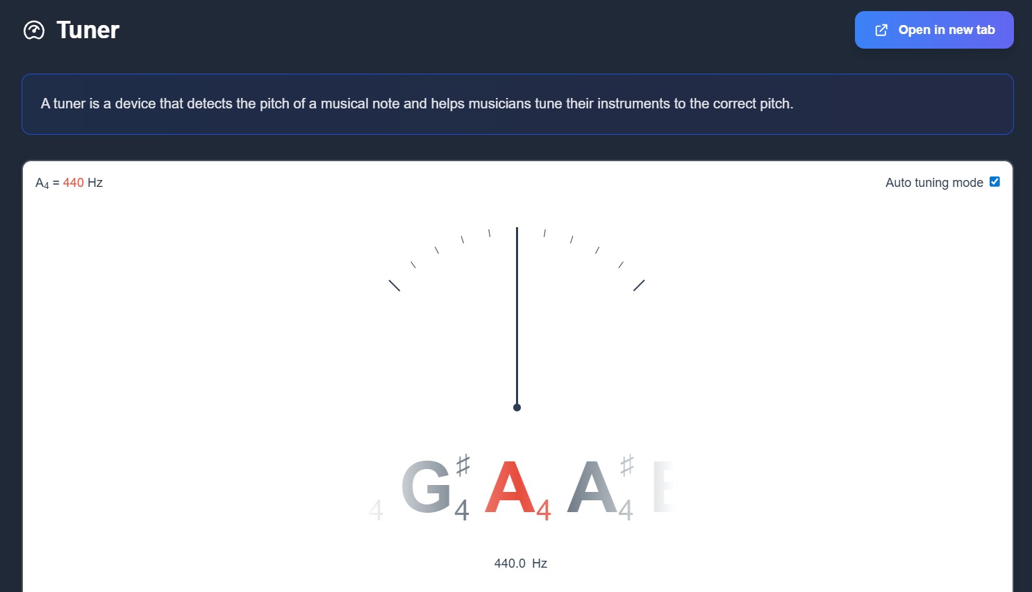 Online guitar tuner interface on emusic.tools
