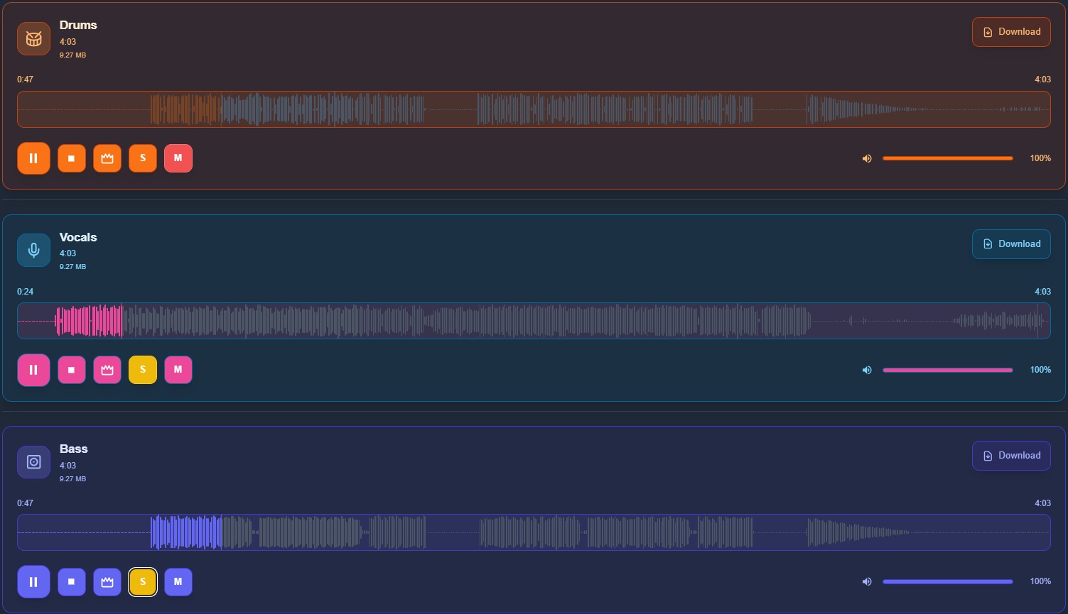Track view with different Solo and Mute configurations