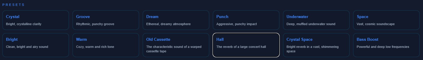 Audio effect presets available in the online editor
