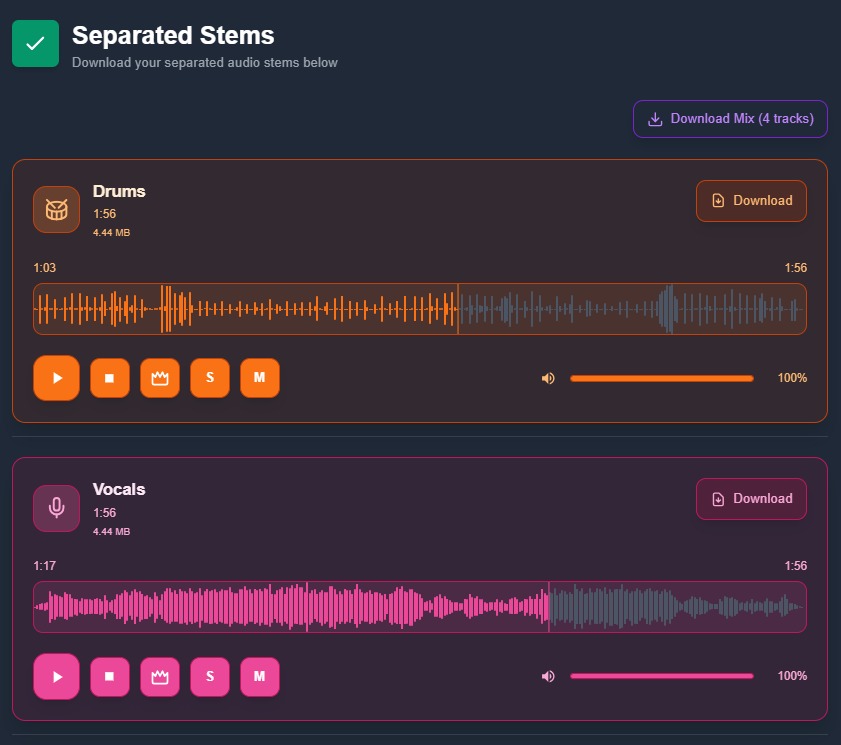Separated audio tracks ready to listen and download