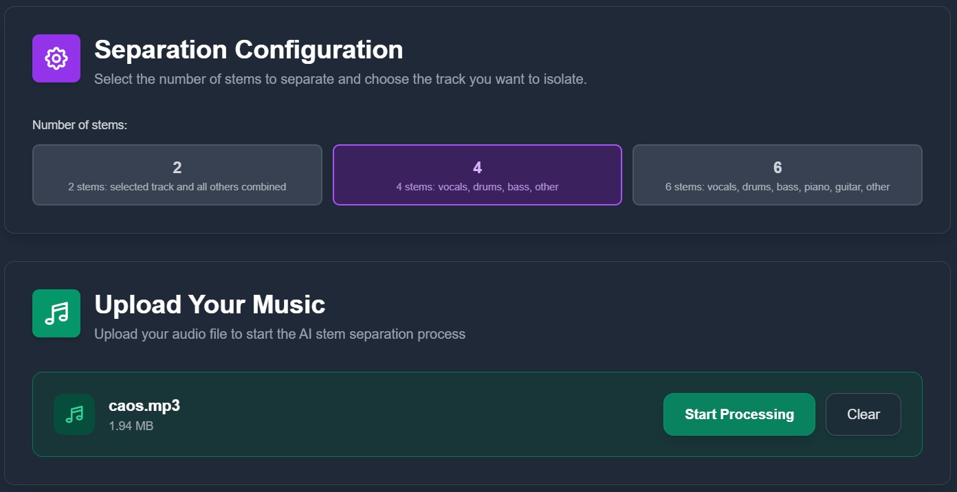 Uploading an audio file to the emusic.tools stem separator