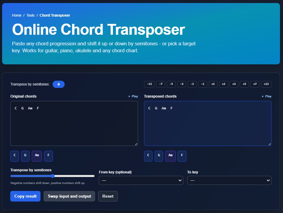 emusic.tools chord transposer interface