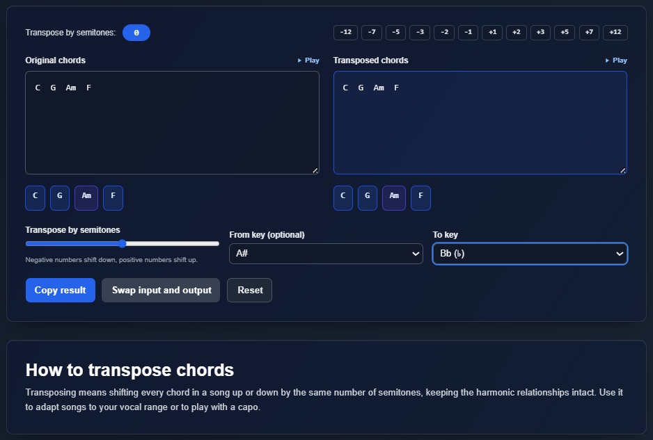 Editing and transposing a progression in the emusic.tools transposer