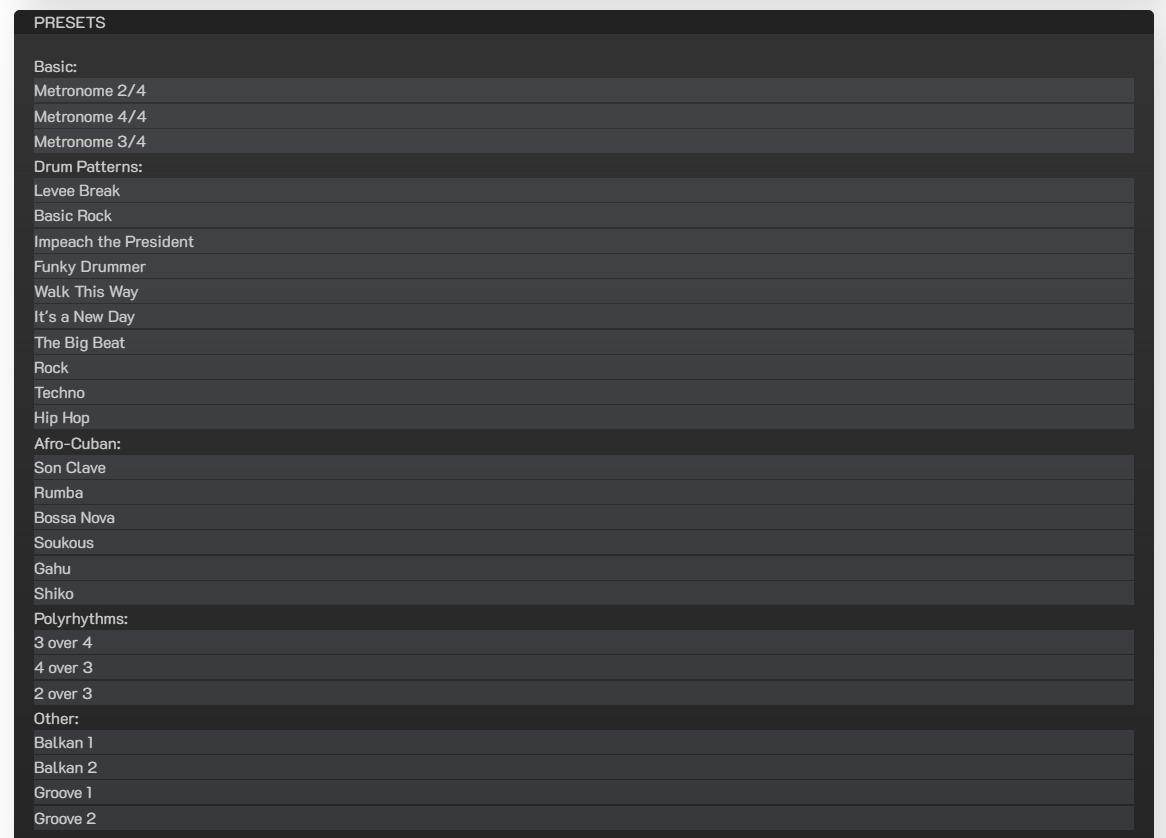 Metronome presets and time signature selection