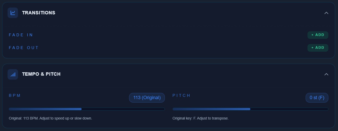 Tempo and transitions controls in the online audio editor