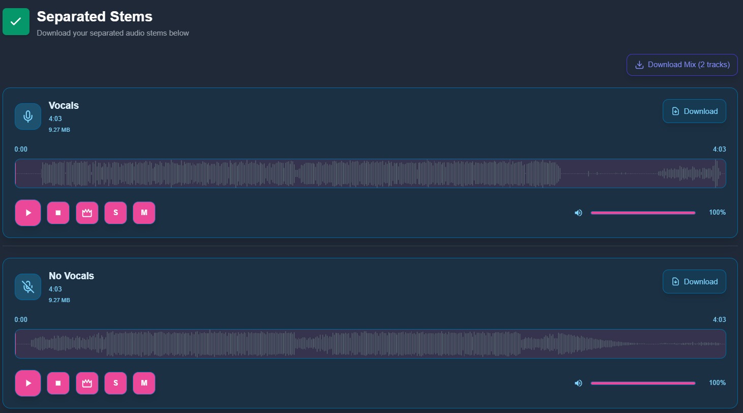 Separated audio tracks ready to use as backing track