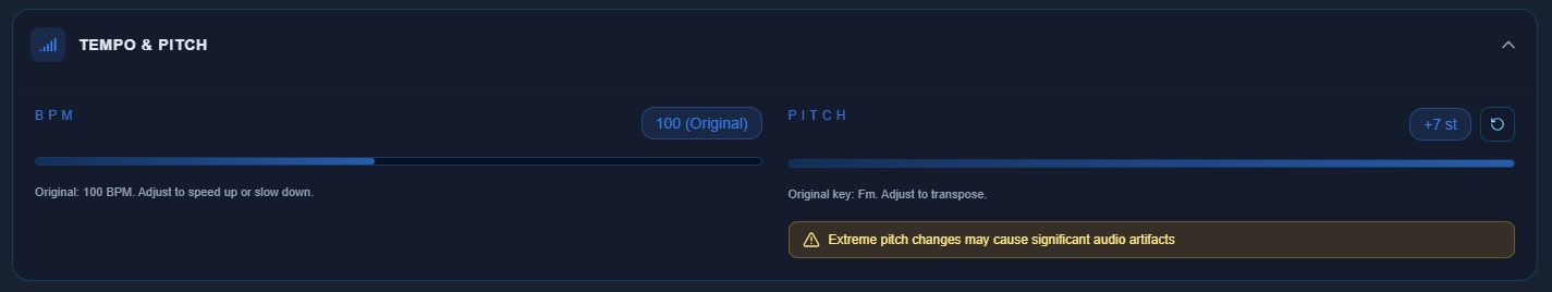 Tempo and pitch adjustment controls for adapting a cover