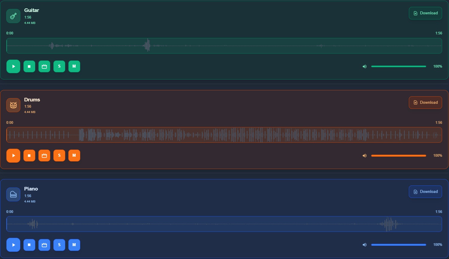 Isolated instrument tracks from a stem separation tool